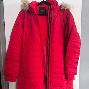 Talbots Vibrant Red Puffer Jacket with Faux Fur Trim